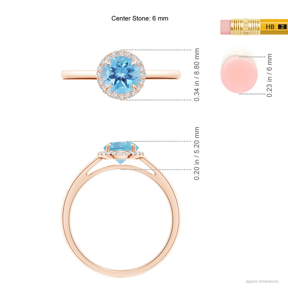 6mm A Round Swiss Blue Topaz Cathedral Ring with Diamond Halo in Rose Gold ruler