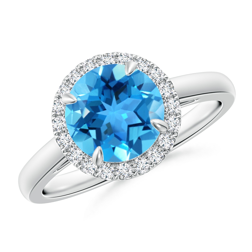 8mm AAA Round Swiss Blue Topaz Cathedral Ring with Diamond Halo in White Gold