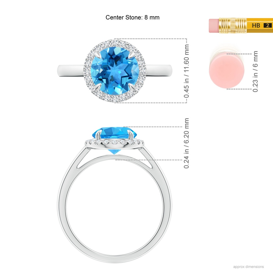 8mm AAA Round Swiss Blue Topaz Cathedral Ring with Diamond Halo in White Gold ruler