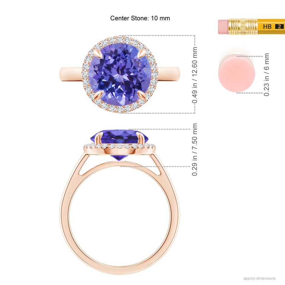10mm AA Round Tanzanite Cathedral Ring with Diamond Halo in Rose Gold ruler