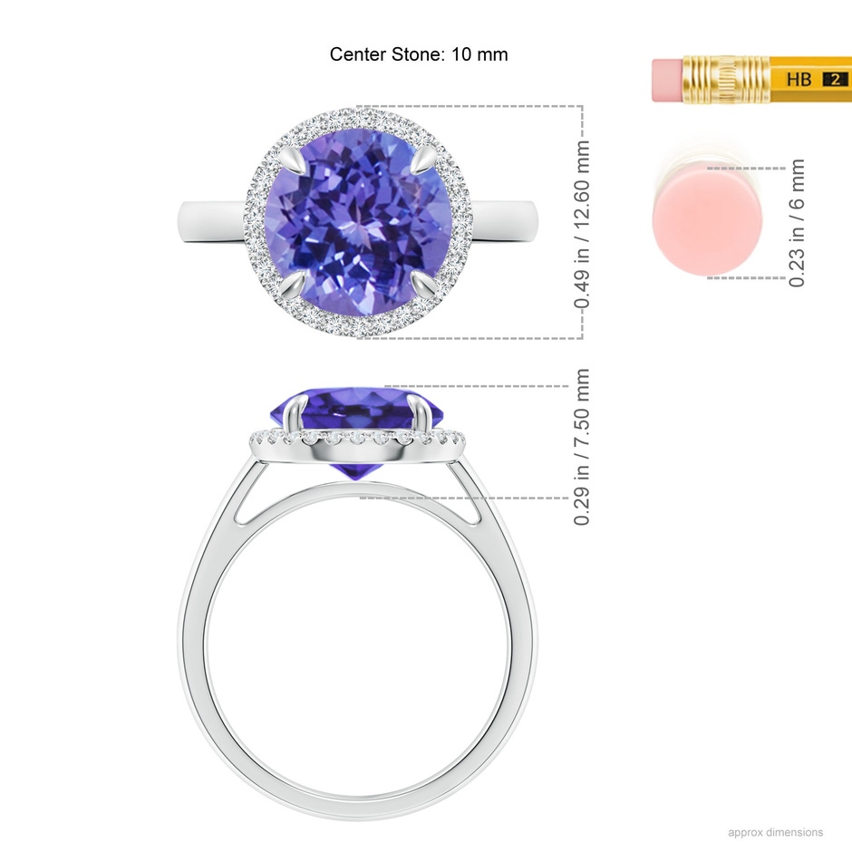10mm AA Round Tanzanite Cathedral Ring with Diamond Halo in White Gold ruler