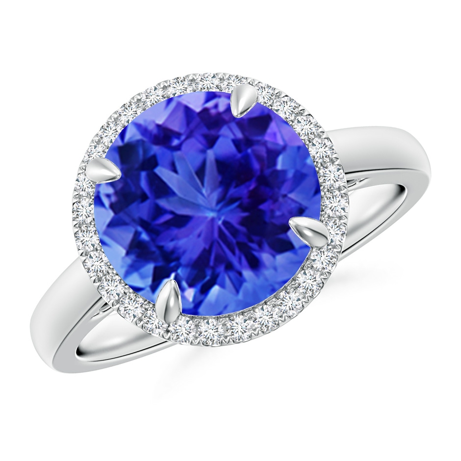 10mm AAA Round Tanzanite Cathedral Ring with Diamond Halo in White Gold 