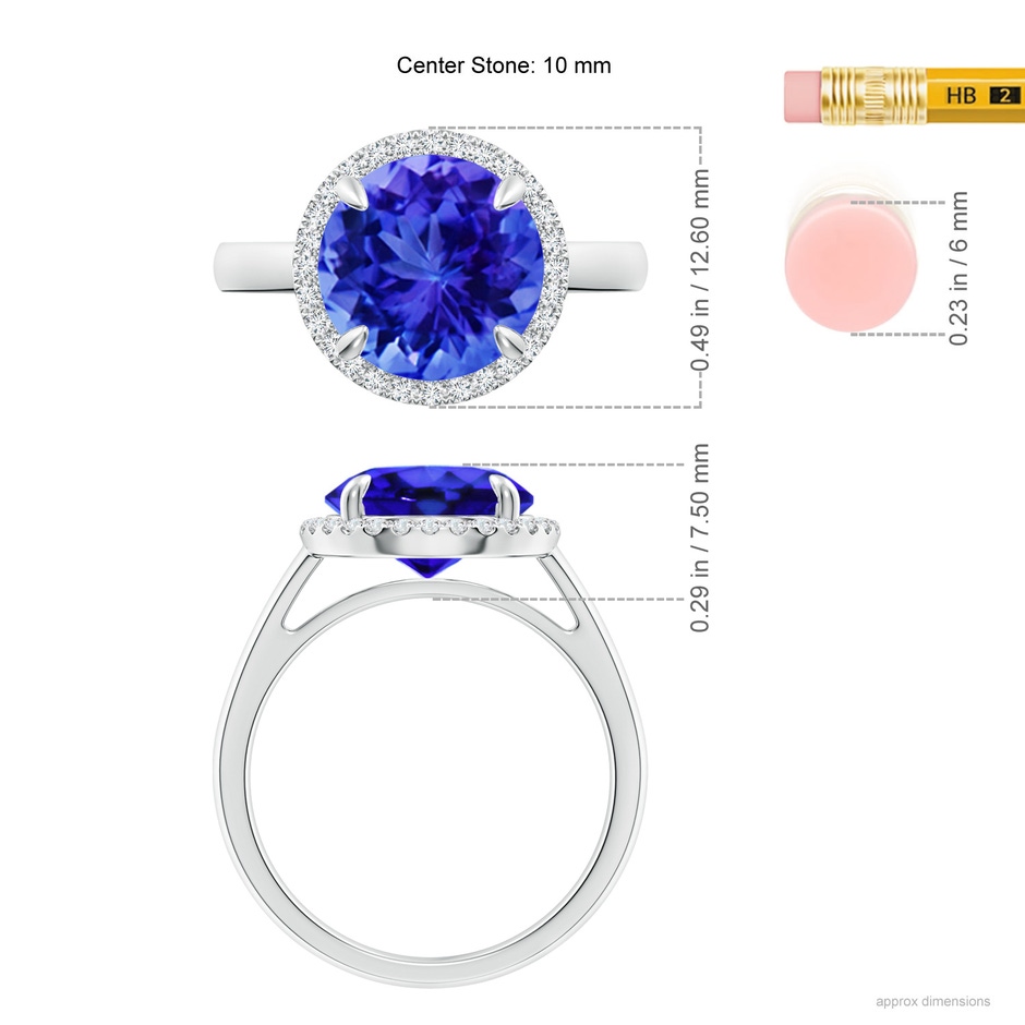 10mm AAA Round Tanzanite Cathedral Ring with Diamond Halo in White Gold ruler