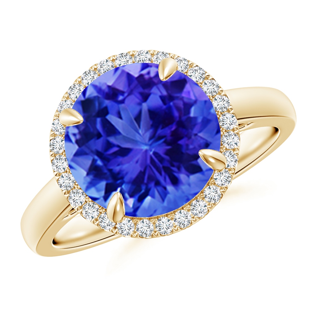 10mm AAA Round Tanzanite Cathedral Ring with Diamond Halo in Yellow Gold