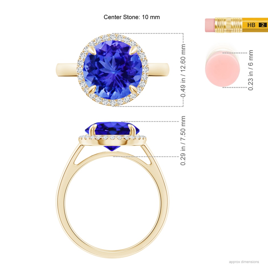 10mm AAA Round Tanzanite Cathedral Ring with Diamond Halo in Yellow Gold ruler