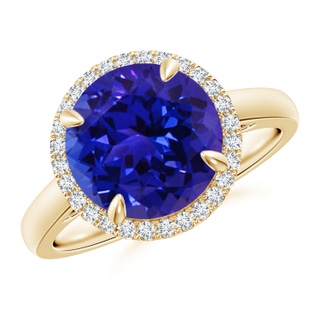 10mm AAAA Round Tanzanite Cathedral Ring with Diamond Halo in Yellow Gold
