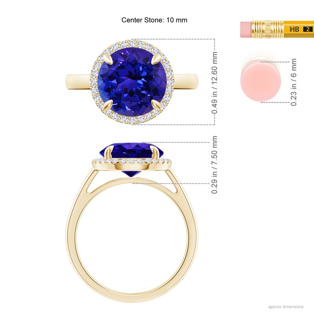10mm AAAA Round Tanzanite Cathedral Ring with Diamond Halo in Yellow Gold Ruler