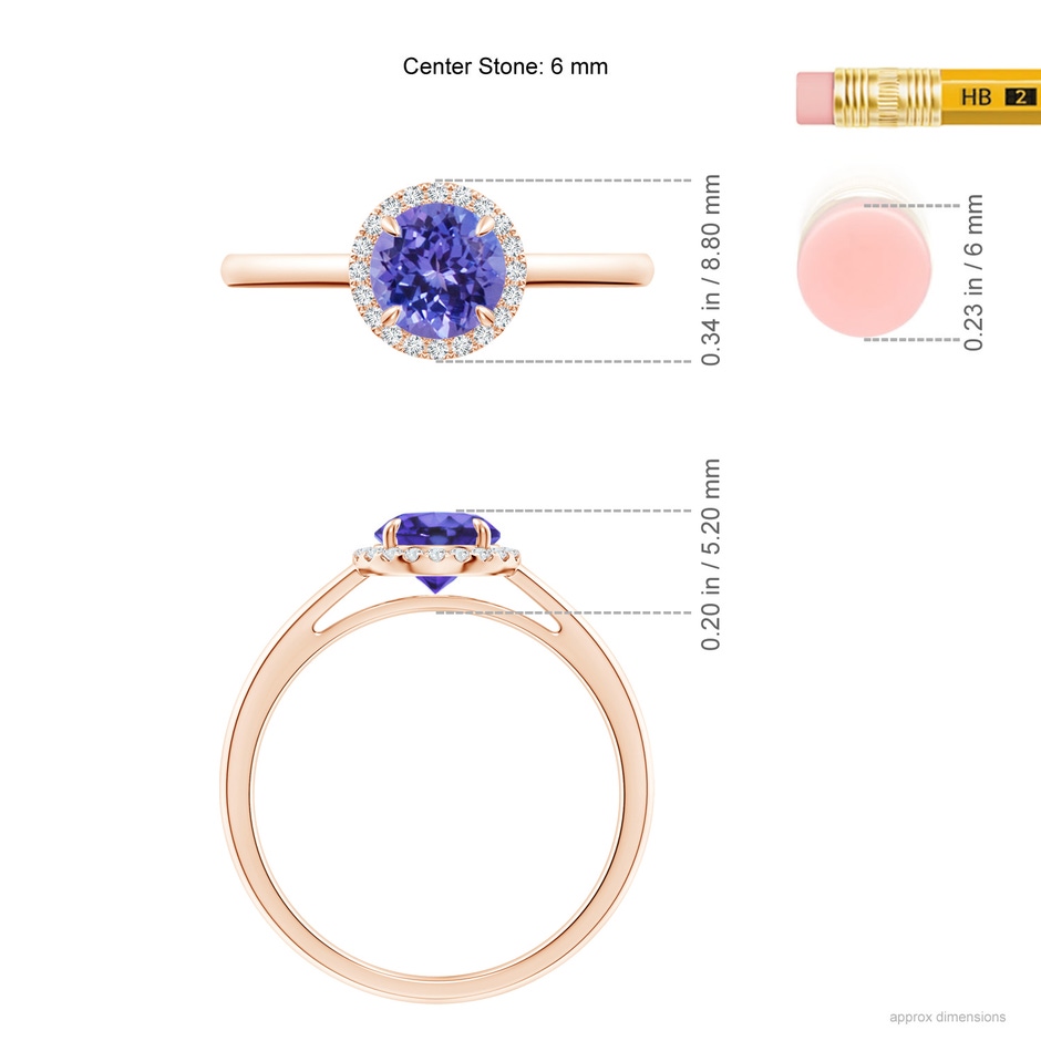 6mm AA Round Tanzanite Cathedral Ring with Diamond Halo in Rose Gold ruler