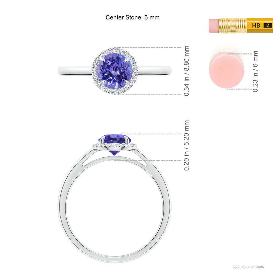 6mm AA Round Tanzanite Cathedral Ring with Diamond Halo in White Gold ruler