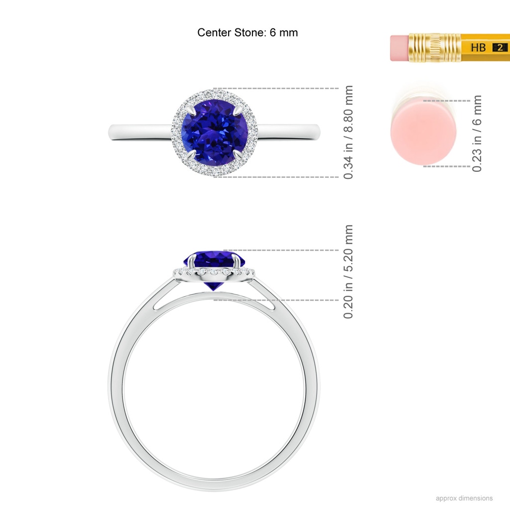 6mm AAAA Round Tanzanite Cathedral Ring with Diamond Halo in White Gold Ruler
