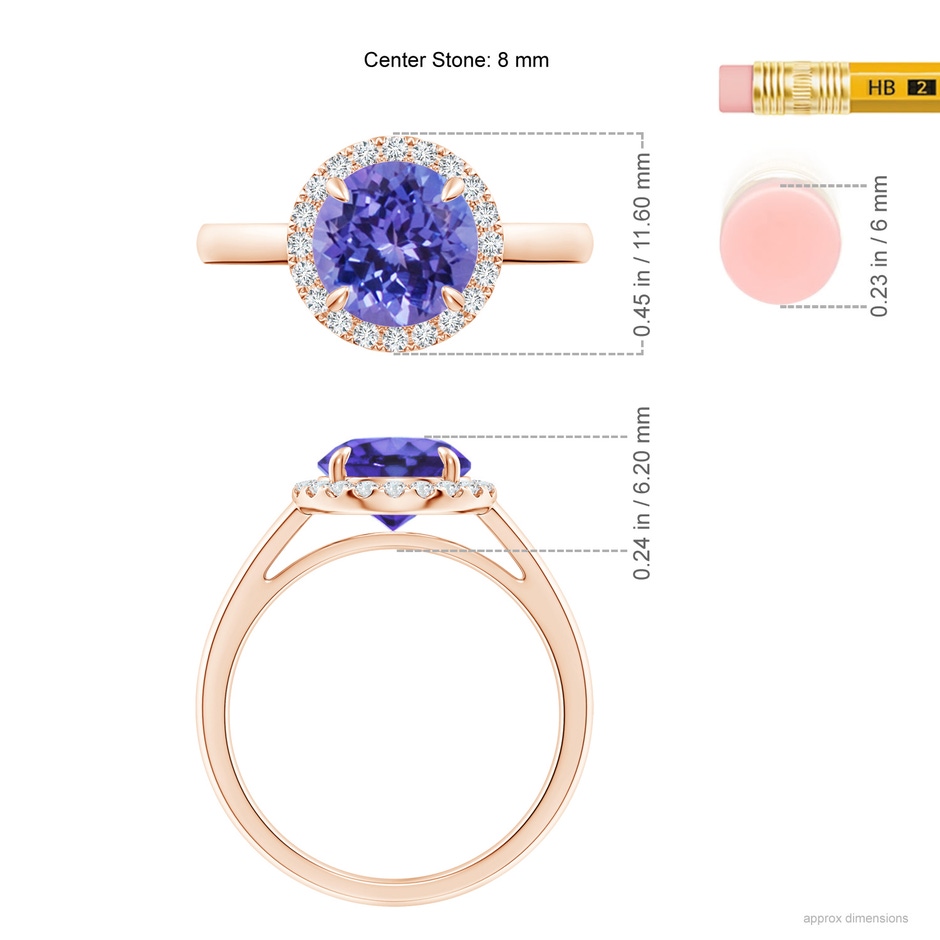 8mm AA Round Tanzanite Cathedral Ring with Diamond Halo in Rose Gold ruler