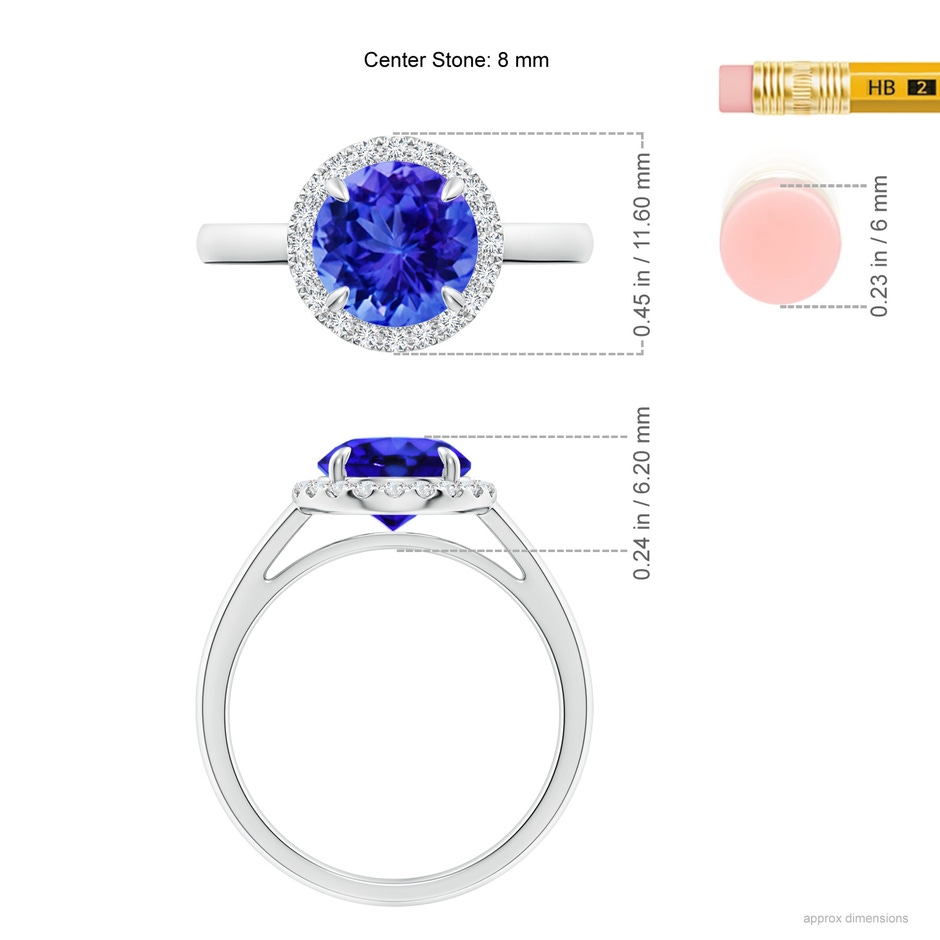 8mm AAA Round Tanzanite Cathedral Ring with Diamond Halo in White Gold ruler