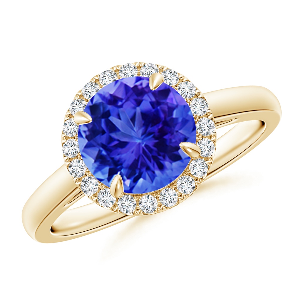 8mm AAA Round Tanzanite Cathedral Ring with Diamond Halo in Yellow Gold