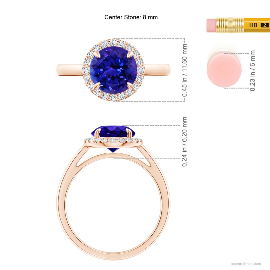 8mm AAAA Round Tanzanite Cathedral Ring with Diamond Halo in Rose Gold ruler