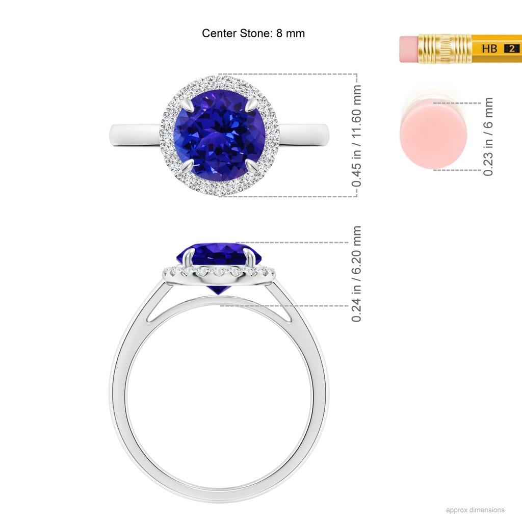 8mm AAAA Round Tanzanite Cathedral Ring with Diamond Halo in White Gold Ruler
