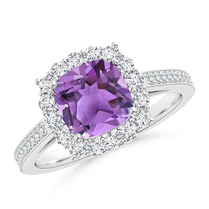 7mm AA Cushion Amethyst Cocktail Ring with Diamond Halo in White Gold 