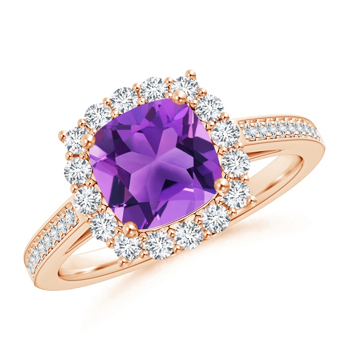 7mm AAA Cushion Amethyst Cocktail Ring with Diamond Halo in Rose Gold 