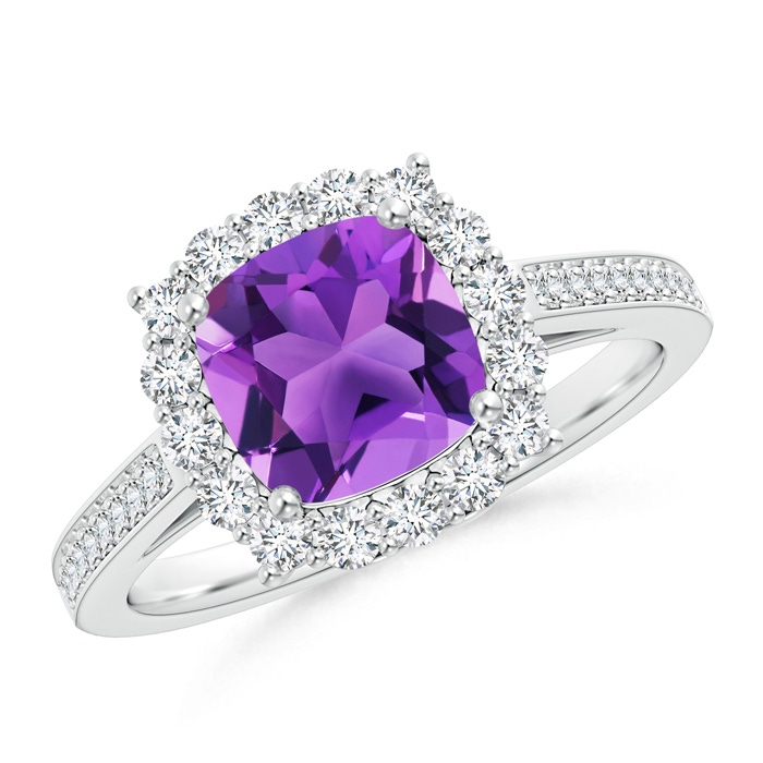 7mm AAA Cushion Amethyst Cocktail Ring with Diamond Halo in White Gold