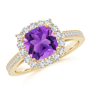 7mm AAA Cushion Amethyst Cocktail Ring with Diamond Halo in Yellow Gold