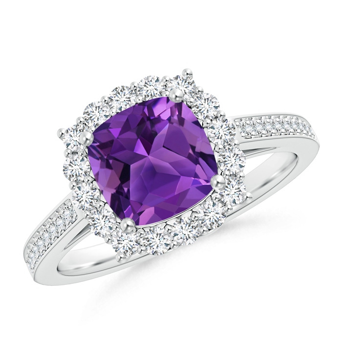 7mm AAAA Cushion Amethyst Cocktail Ring with Diamond Halo in P950 Platinum 