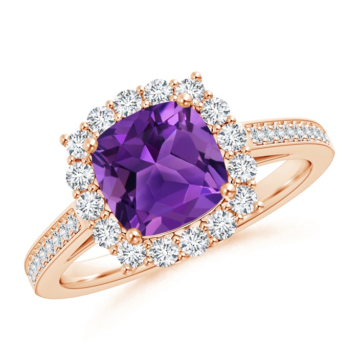 7mm AAAA Cushion Amethyst Cocktail Ring with Diamond Halo in Rose Gold