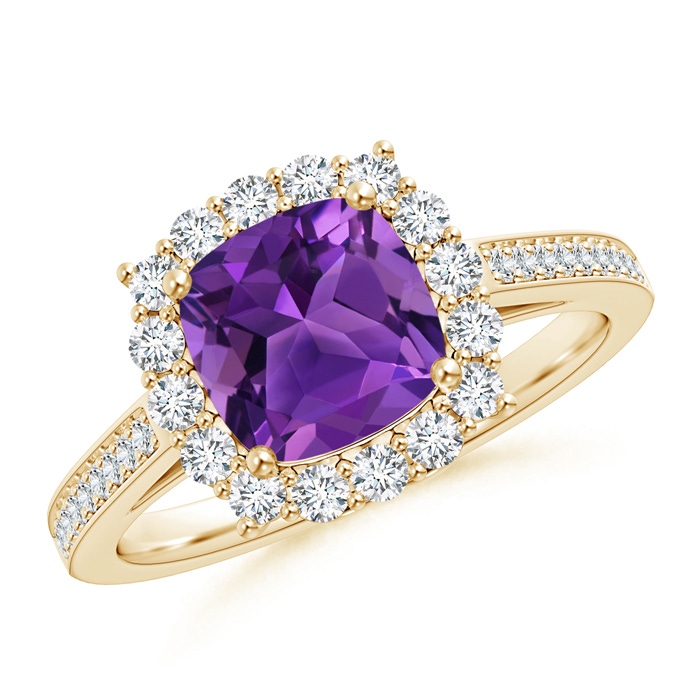 7mm AAAA Cushion Amethyst Cocktail Ring with Diamond Halo in Yellow Gold 