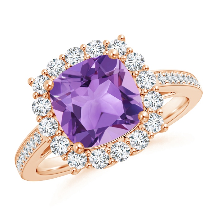 8mm A Cushion Amethyst Cocktail Ring with Diamond Halo in Rose Gold 