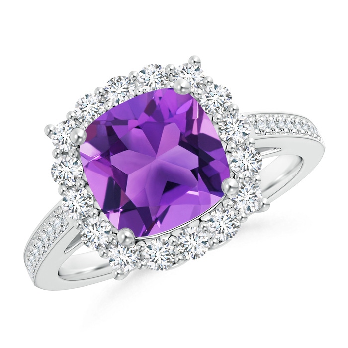 8mm AAA Cushion Amethyst Cocktail Ring with Diamond Halo in White Gold 