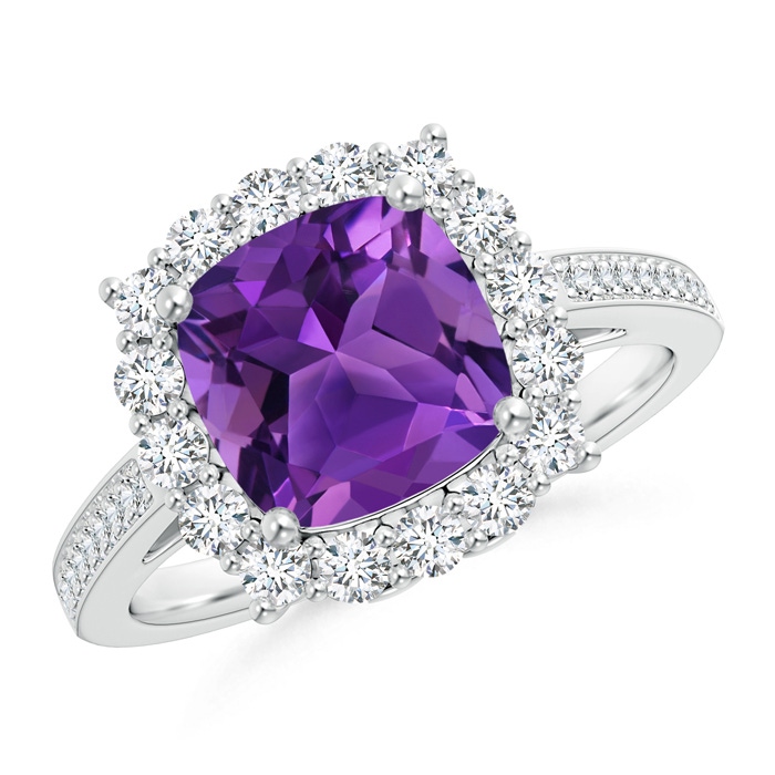 8mm AAAA Cushion Amethyst Cocktail Ring with Diamond Halo in P950 Platinum 