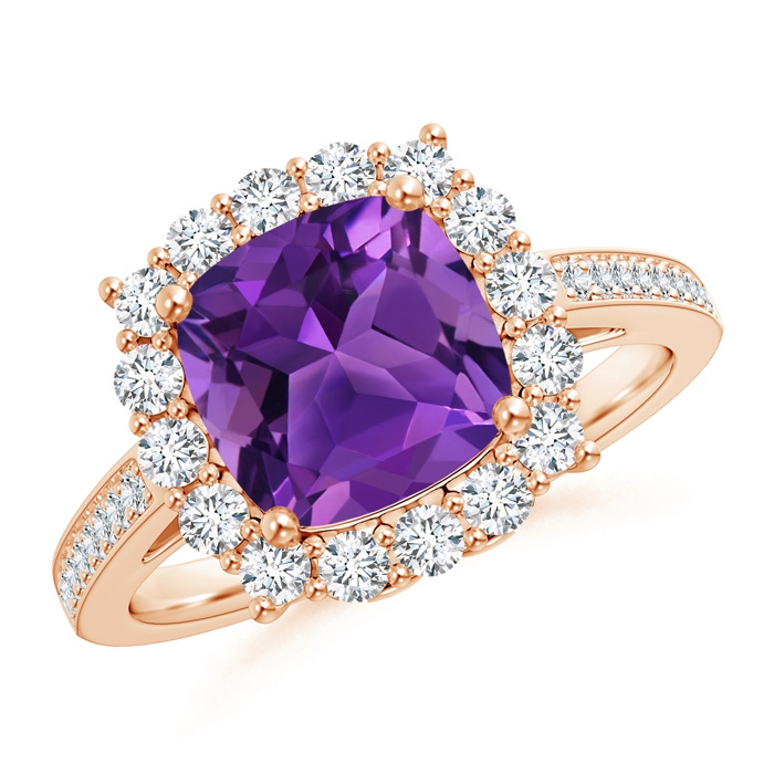 8mm AAAA Cushion Amethyst Cocktail Ring with Diamond Halo in Rose Gold 