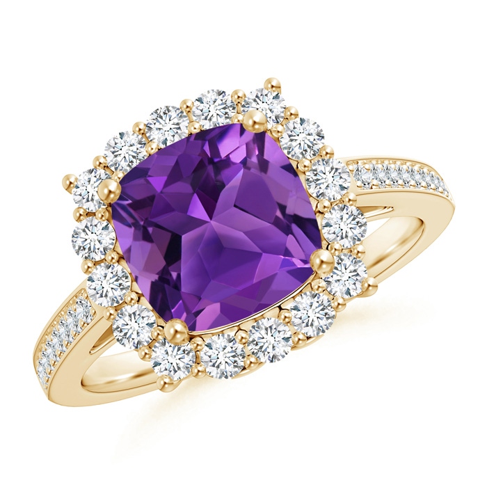 8mm AAAA Cushion Amethyst Cocktail Ring with Diamond Halo in Yellow Gold 