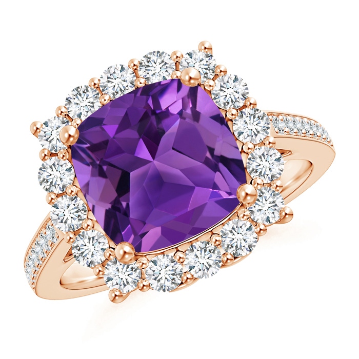 9mm AAAA Cushion Amethyst Cocktail Ring with Diamond Halo in Rose Gold