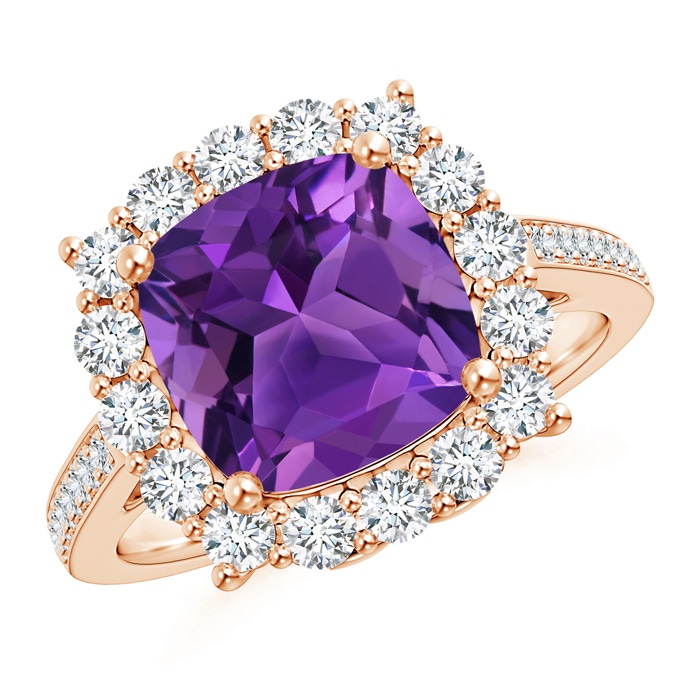 9mm AAAA Cushion Amethyst Cocktail Ring with Diamond Halo in Rose Gold 