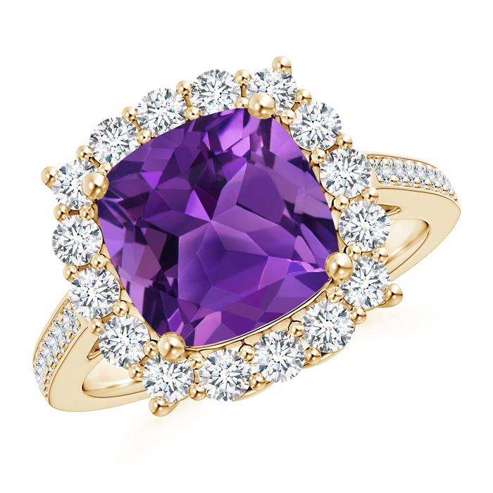 9mm AAAA Cushion Amethyst Cocktail Ring with Diamond Halo in Yellow Gold 