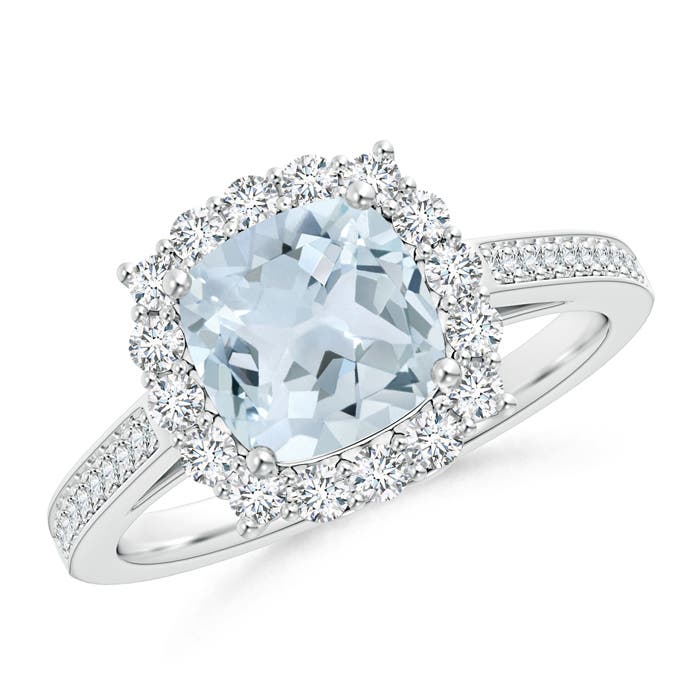 7mm A Cushion Aquamarine Cocktail Ring with Diamond Halo in P950 Platinum