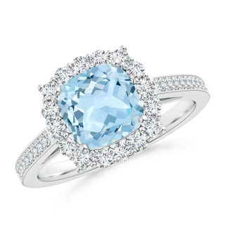 7mm AAA Cushion Aquamarine Cocktail Ring with Diamond Halo in P950 Platinum