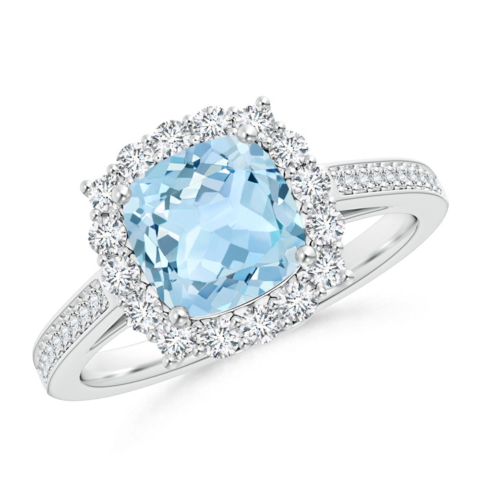 7mm AAA Cushion Aquamarine Cocktail Ring with Diamond Halo in White Gold 