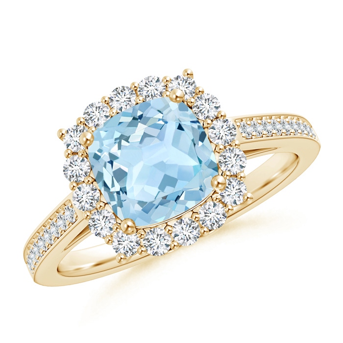 7mm AAA Cushion Aquamarine Cocktail Ring with Diamond Halo in Yellow Gold 