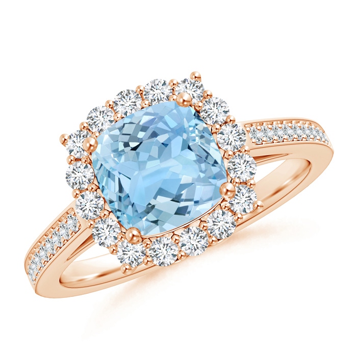 7mm AAAA Cushion Aquamarine Cocktail Ring with Diamond Halo in Rose Gold