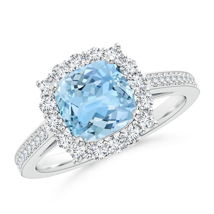 7mm AAAA Cushion Aquamarine Cocktail Ring with Diamond Halo in White Gold 