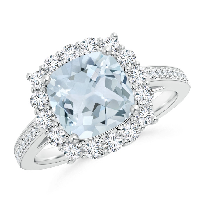 8mm A Cushion Aquamarine Cocktail Ring with Diamond Halo in White Gold 
