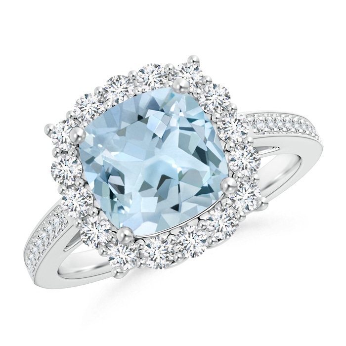 8mm AA Cushion Aquamarine Cocktail Ring with Diamond Halo in P950 Platinum 