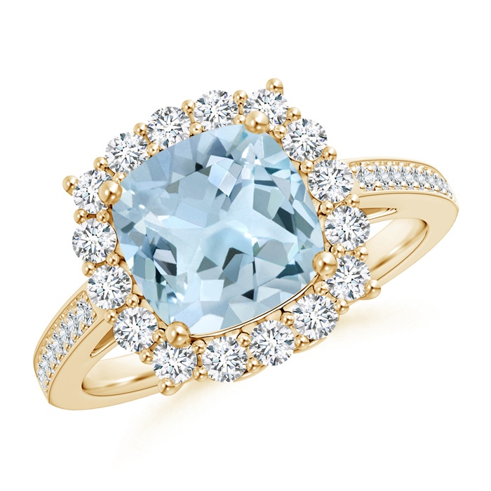 8mm AA Cushion Aquamarine Cocktail Ring with Diamond Halo in Yellow Gold 