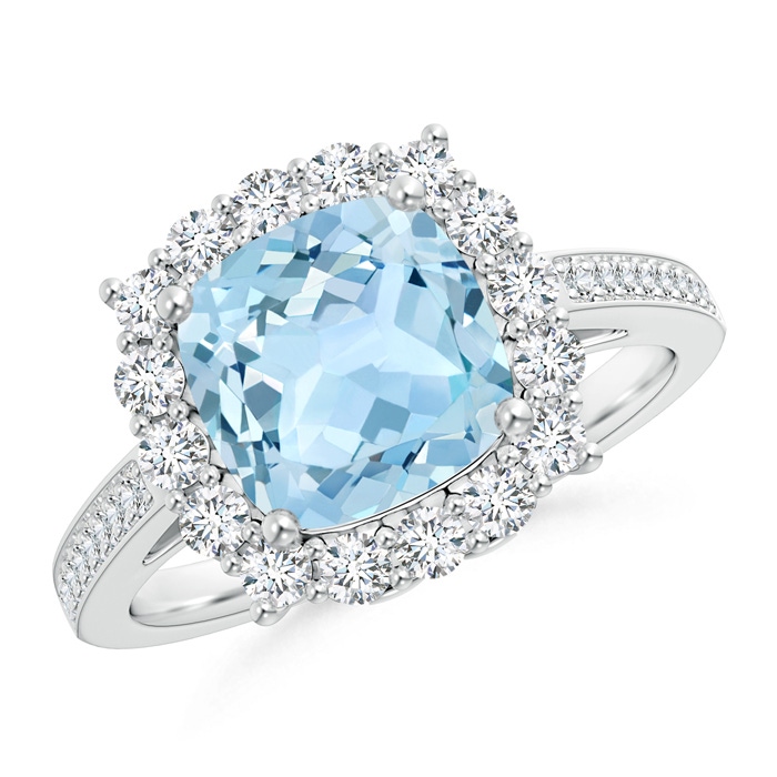 8mm AAA Cushion Aquamarine Cocktail Ring with Diamond Halo in White Gold 