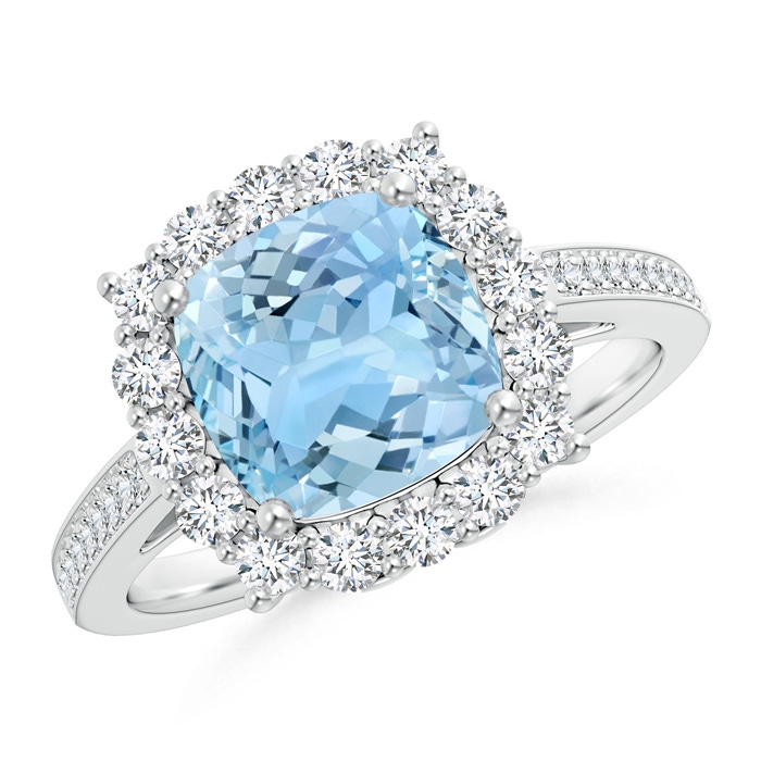 8mm AAAA Cushion Aquamarine Cocktail Ring with Diamond Halo in White Gold