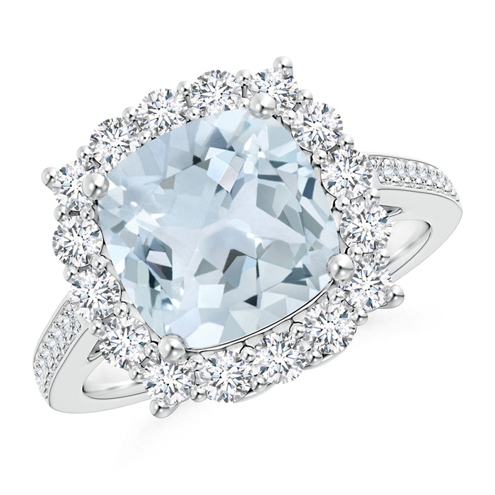 9mm A Cushion Aquamarine Cocktail Ring with Diamond Halo in White Gold 