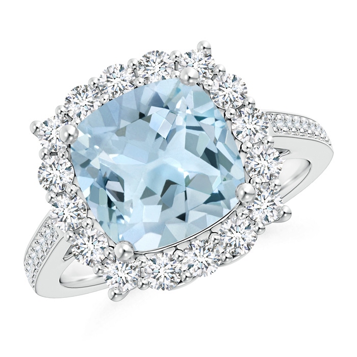 9mm AA Cushion Aquamarine Cocktail Ring with Diamond Halo in P950 Platinum 