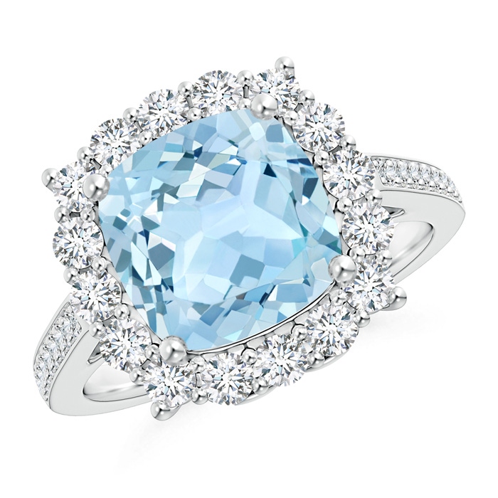 9mm AAA Cushion Aquamarine Cocktail Ring with Diamond Halo in White Gold 