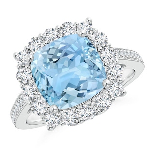 9mm AAAA Cushion Aquamarine Cocktail Ring with Diamond Halo in P950 Platinum