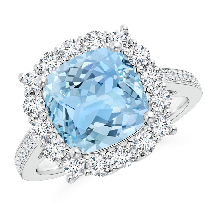9mm AAAA Cushion Aquamarine Cocktail Ring with Diamond Halo in White Gold